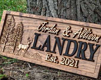 Outdoor Decor | Custom Wood Sign | Deer Hunting Gifts | Cabin Decor | Tree Wood Decor | 3D Family Name Sign | Last Name Decor | Camper Decor