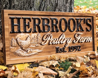 Personalized Chicken Farmhouse Sign Wood Wedding Gift Wooden Farmhouse Decor Family Name Sign Couple Established Hen Custom Carved Farm Sign