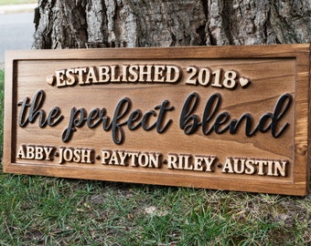 The Perfect Blend Family Name Sign Carved Wood | Personalized Blended Family Name Sign, Wedding Gift For Couple Established Sign Mothers Day