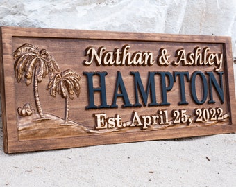 Custom Last Name Sign with Palm Trees | Beach House Decor | Cottage Decor | Family Name Sign | Personalized Wedding Gift | Anniversary Gift