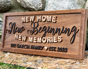 Personalized New Home New Beginning New Memories sign | New Home Wood Sign | Realtor Gift | Housewarming Gift, Custom Established Home Sign