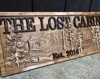 Custom Cabin Decor Rustic Cabin Sign Personalized Lake House Decor Wood Cottage Sign Established Hunting Gifts Log Cabin Decor Carved Trees