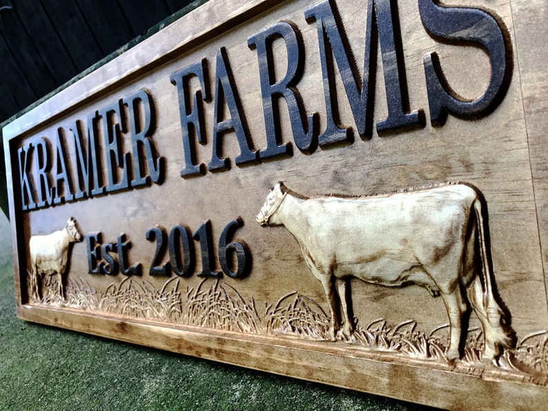 Personalized Farmhouse Sign Wood Wedding Gift Wooden Farmhouse Decor Wall Family Name Sign Couple Established Cow Custom Carved Farm Sign image 3