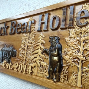 Personalized Wood Sign Custom Carved Cabin Gift Man Cave Wedding Family Last Name Established Camp Lake House Décor Woods Black Bear Plaque image 1