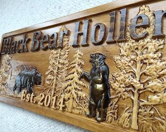 Personalized Wood Sign Custom Carved Cabin Gift Man Cave Wedding Family Last Name Established Camp Lake House Décor Woods Black Bear Plaque