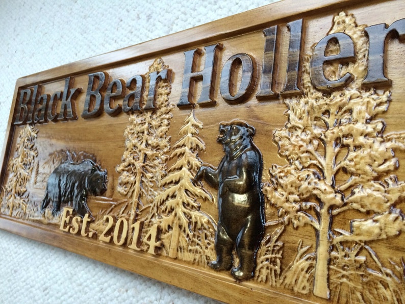 Personalized Wood Sign Custom Carved Cabin Gift Man Cave Wedding Family Last Name Established Camp Lake House Décor Woods Black Bear Plaque image 1