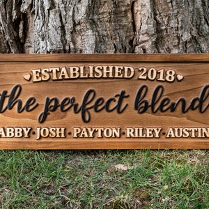 The Perfect Blend Family Name Sign Carved Wood Personalized Blended Family Name Sign, Wedding Gift For Couple Established Sign Mothers Day image 3