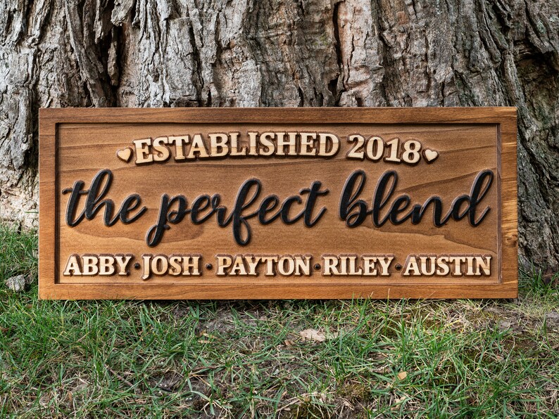 The Perfect Blend Family Name Sign Carved Wood Personalized Blended Family Name Sign, Wedding Gift For Couple Established Sign Mothers Day image 3