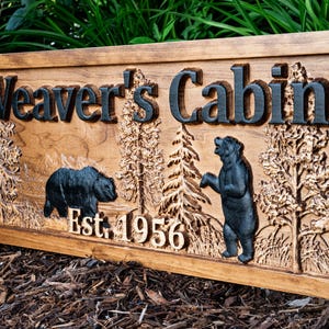 Personalized Wood Sign Custom Carved Cabin Gift Man Cave Wedding Family Last Name Established Camp Lake House Décor Woods Black Bear Plaque