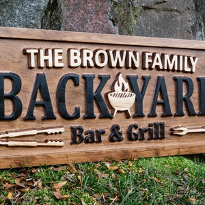 Bar Sign Backyard Bar & Grill | Personalized Carved Wood Sign, Grill Sign, Father&#39;s Day Birthday Gift, Backyard Patio Sign, Family Name Sign