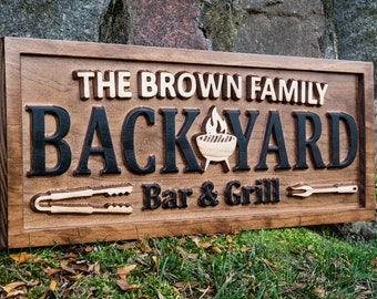 Bar Sign Backyard Bar & Grill | Personalized Carved Wood Sign, Grill Sign, Father's Day Birthday Gift, Backyard Patio Sign, Family Name Sign
