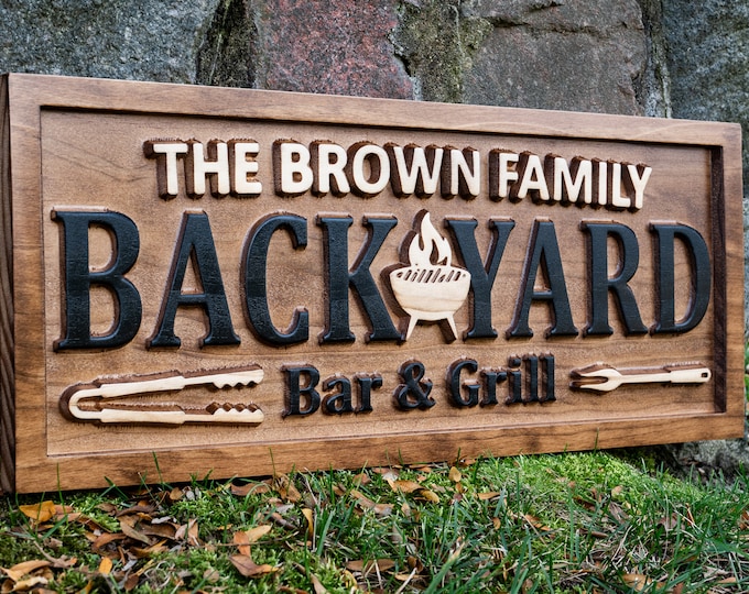 Bar Sign Backyard Bar & Grill | Personalized Carved Wood Sign, Grill Sign, Father's Day Birthday Gift, Backyard Patio Sign, Family Name Sign