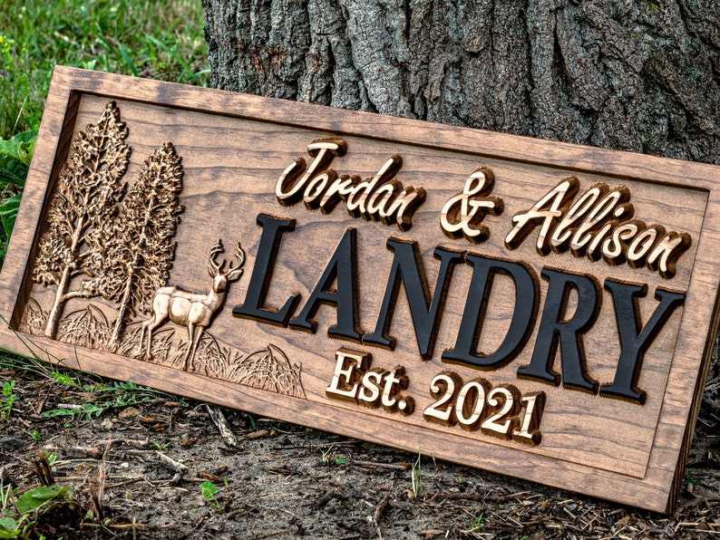 Outdoor Decor Custom Wood Sign Deer Hunting Gifts Cabin Decor Tree Wood Decor 3D Family Name Sign Last Name Decor Camper Decor image 1