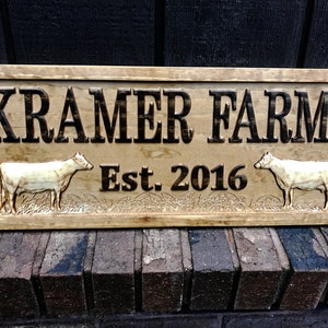Personalized Farmhouse Sign Wood Wedding Gift Wooden Farmhouse Decor Wall Family Name Sign Couple Established Cow Custom Carved Farm Sign image 2