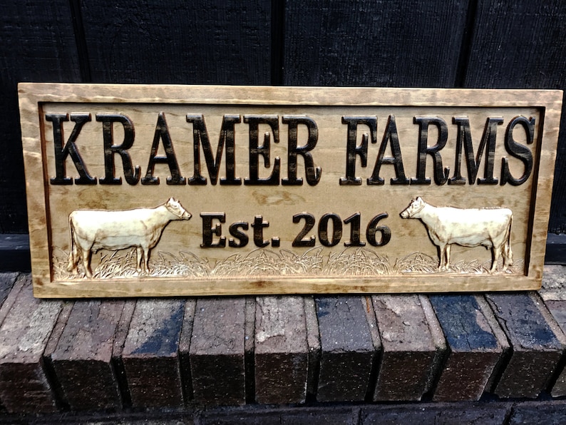 Personalized Farmhouse Sign Wood Wedding Gift Wooden Farmhouse Decor Wall Family Name Sign Couple Established Cow Custom Carved Farm Sign image 2