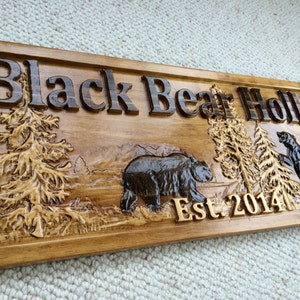 Personalized Wood Sign Custom Carved Cabin Gift Man Cave Wedding Family Last Name Established Camp Lake House Décor Woods Black Bear Plaque image 3