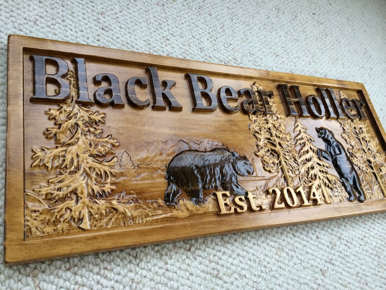 Personalized Wood Sign Custom Carved Cabin Gift Man Cave Wedding Family Last Name Established Camp Lake House Décor Woods Black Bear Plaque image 3