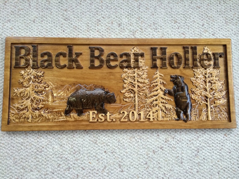 Personalized Wood Sign Custom Carved Cabin Gift Man Cave Wedding Family Last Name Established Camp Lake House Décor Woods Black Bear Plaque image 2