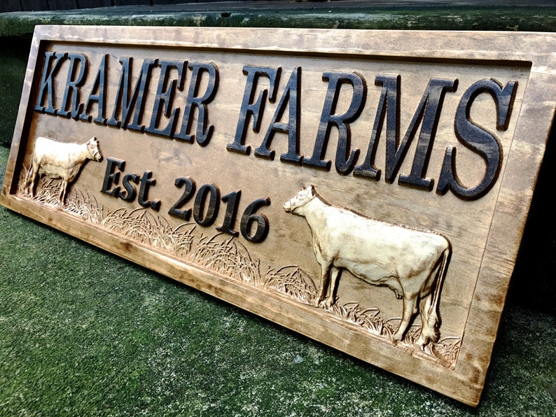 Personalized Farmhouse Sign Wood Wedding Gift Wooden Farmhouse Decor Wall Family Name Sign Couple Established Cow Custom Carved Farm Sign image 1