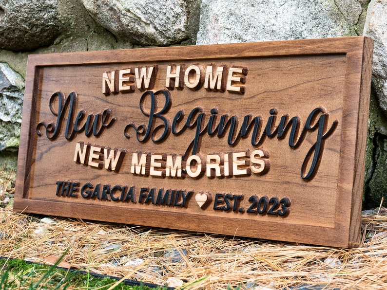 Personalized New Home New Beginning New Memories sign New Home Wood Sign Realtor Gift Housewarming Gift, Custom Established Home Sign image 1