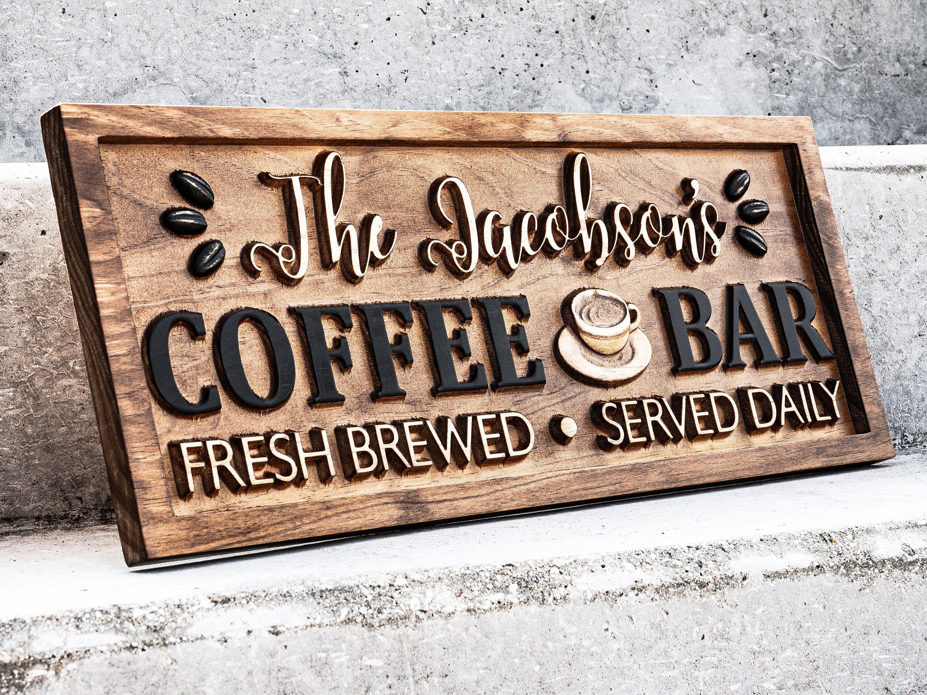 Personalized Coffee Bar Sign for Kitchen Carved Wood Sign Custom Coffee Decor Coffee Lover Gift Wooden Cafe Sign Custom Cafe Sign