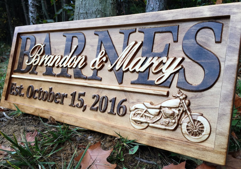 Harley Davidson Gifts for Men Personalized Motorcycle Gifts for Biker Wedding Sign Custom Couples Gifts for Dad Wood Wall Art Last Name Sign image 1