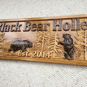 Personalized Wood Sign Custom Carved Cabin Gift Man Cave Wedding Family Last Name Established Camp Lake House Décor Woods Black Bear Plaque image 4