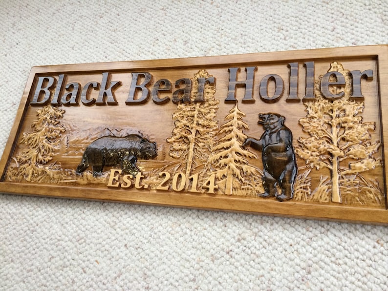 Personalized Wood Sign Custom Carved Cabin Gift Man Cave Wedding Family Last Name Established Camp Lake House Décor Woods Black Bear Plaque image 4