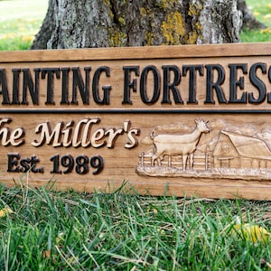 Personalized Goat Farmhouse Sign | Wood Wedding Gift Wooden Farmhouse Decor Family Name Sign Couple Established Goat Custom Carved Farm Sign