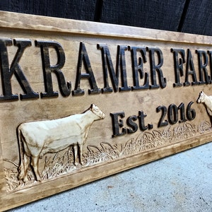 Personalized Farmhouse Sign Wood Wedding Gift Wooden Farmhouse Decor Wall Family Name Sign Couple Established Cow Custom Carved Farm Sign image 4