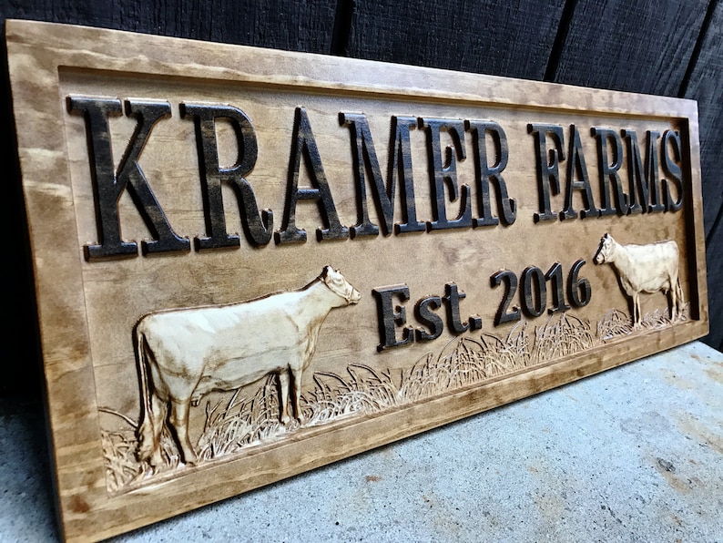 Personalized Farmhouse Sign Wood Wedding Gift Wooden Farmhouse Decor Wall Family Name Sign Couple Established Cow Custom Carved Farm Sign image 4