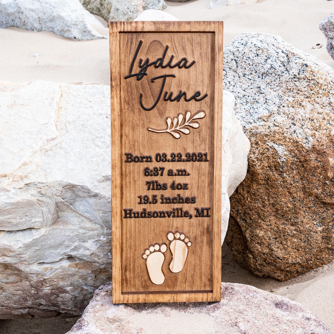 Personalized 3D Wood Carved Baby Name Sign | Birth Information Sign ...