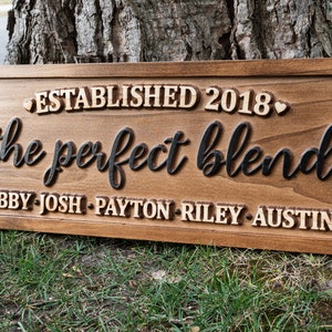 The Perfect Blend Family Name Sign Carved Wood Personalized Blended Family Name Sign, Wedding Gift For Couple Established Sign Mothers Day image 4