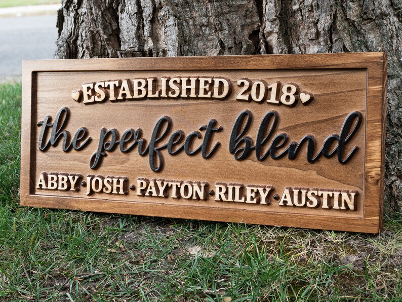 The Perfect Blend Family Name Sign Carved Wood Personalized Blended Family Name Sign, Wedding Gift For Couple Established Sign Mothers Day image 4