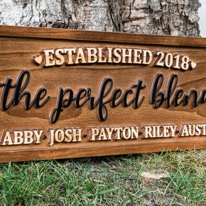 The Perfect Blend Family Name Sign Carved Wood Personalized Blended Family Name Sign, Wedding Gift For Couple Established Sign Mothers Day image 2