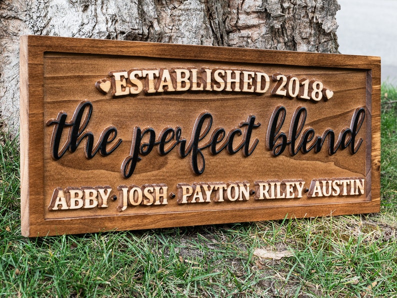 The Perfect Blend Family Name Sign Carved Wood Personalized Blended Family Name Sign, Wedding Gift For Couple Established Sign Mothers Day image 2