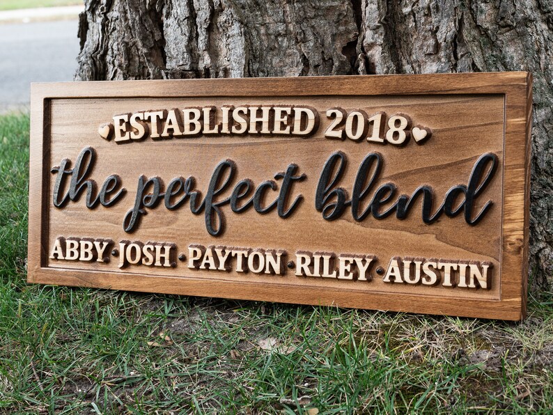 The Perfect Blend Family Name Sign Carved Wood Personalized Blended Family Name Sign, Wedding Gift For Couple Established Sign Mothers Day image 1