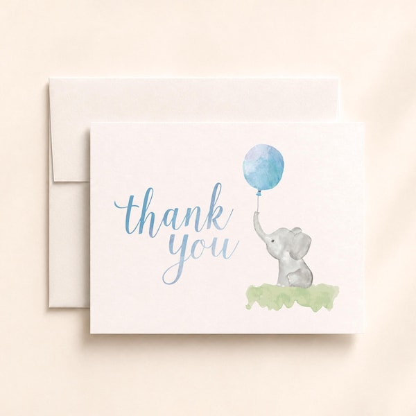 Blue Elephant Baby Shower Thank You Cards, Baby Boy Stationery