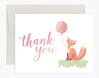 Little Fox Baby Shower Thank You Cards - Watercolor Fox & Balloon - By Palmer Street Press