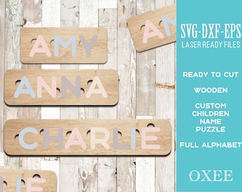 Custom kids name Puzzle by Oxee, Childrens name puzzle file, Laser cut file plan, cnc pattern, laser cut templates, Glowforge cut file