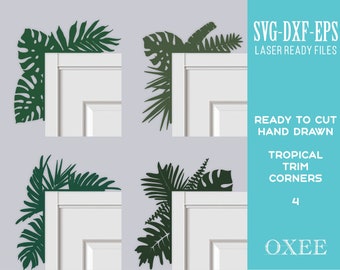 Floral trim corners SVG bundle by Oxee, wooden home decor laser cut, laser cut tropical trim corners, door decor SVG