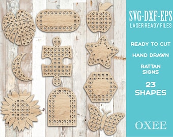 Rattan name sign bundle by Oxee, SVG cut file, rattan laser cut file, rattan Monstera leaf, rattan boho keychain bundle