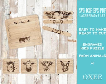Kids Farm Animals simple Puzzle file by Oxee, Childrens Montessori puzzle file, cute animals puzzle Laser cut file, cnc pattern, Glowforge