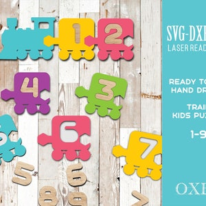 Kids train puzzle by Oxee, Childrens railroad car puzzle laser cut file, numbers puzzle Laser cut file plan, cnc pattern, Glowforge cut file