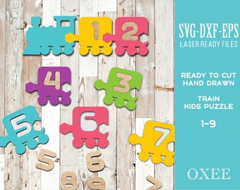 Kids train puzzle by Oxee, Childrens railroad car puzzle laser cut file, numbers puzzle Laser cut file plan, cnc pattern, Glowforge cut file