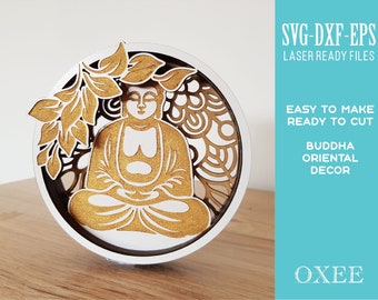 Bouddha Oriental Decor SVG par Oxee, statue découpée au laser de Bouddha assis, figure de Bouddha découpée au laser