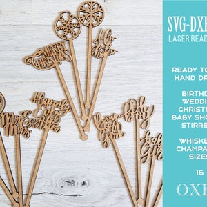 Swizzle sticks SVG bundle by Oxee, Champagne Christmas drink stirrers svg, Whiskey Birthday drink stirrers svg laser cut svg file