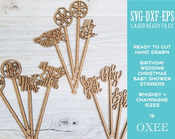 Laser Cut Swizzle Sticks SVG Bundle, Christmas, Wedding, Birthday (Digital File)