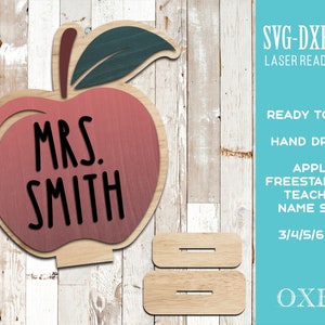Freestanding Teacher Apple name sign by Oxee, Teacher Appreciation Gift Digital Download, Teacher Gift Glowforge Cut File