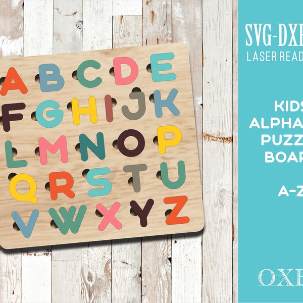 Alphabet Puzzle by Oxee, Childrens puzzle file, Laser cut file plan, cnc pattern, cnc cut, laser cut templates, Glowforge cut file